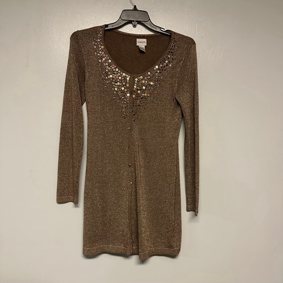 Women's Chico's Gold Brown Sequin Cardigan Sweater Size 0 longline long sleeve - Picture 8 of 12